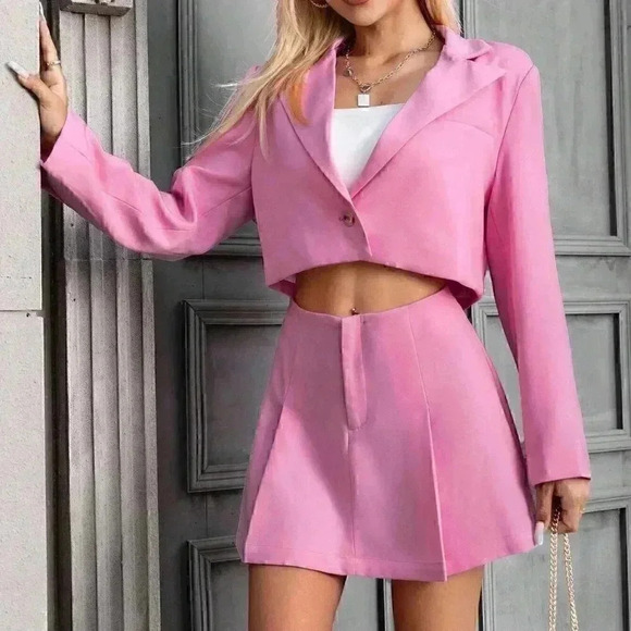 Pink Trendy Womens Solid Single Button Blazer & Skirt - Picture 5 of 5